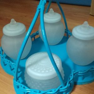 VH VINTAGE 1930-50s Pale Aqua Satin Glass & Turquoise Wicker Dresser Set